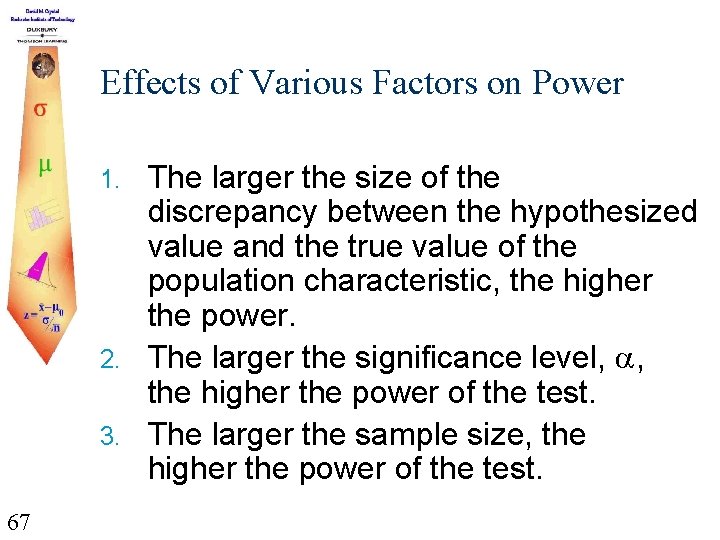 Effects of Various Factors on Power The larger the size of the discrepancy between
