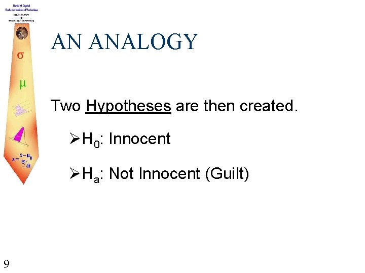 AN ANALOGY Two Hypotheses are then created. ØH 0: Innocent ØHa: Not Innocent (Guilt)