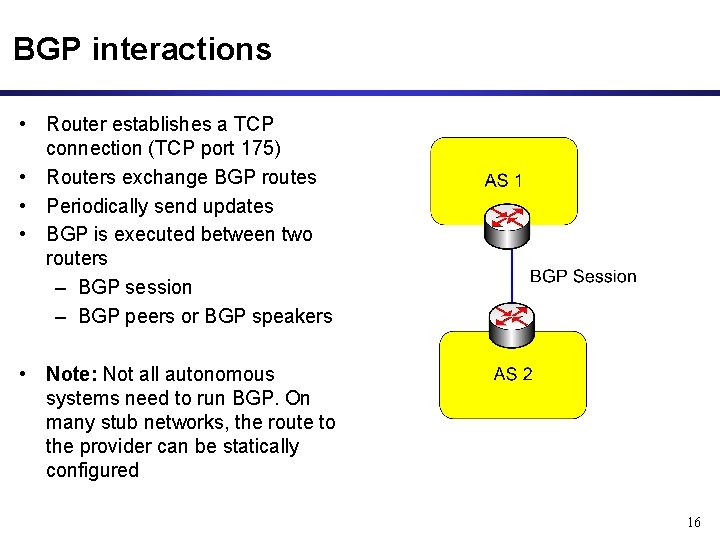 BGP interactions • Router establishes a TCP connection (TCP port 175) • Routers exchange