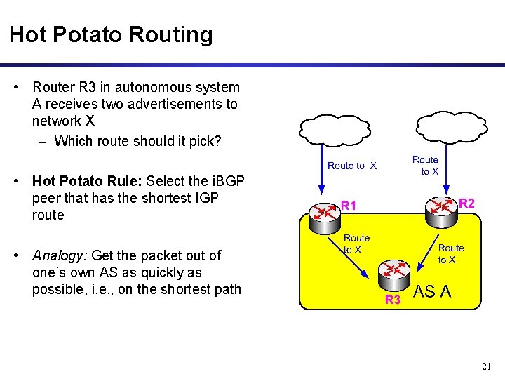 Hot Potato Routing • Router R 3 in autonomous system A receives two advertisements
