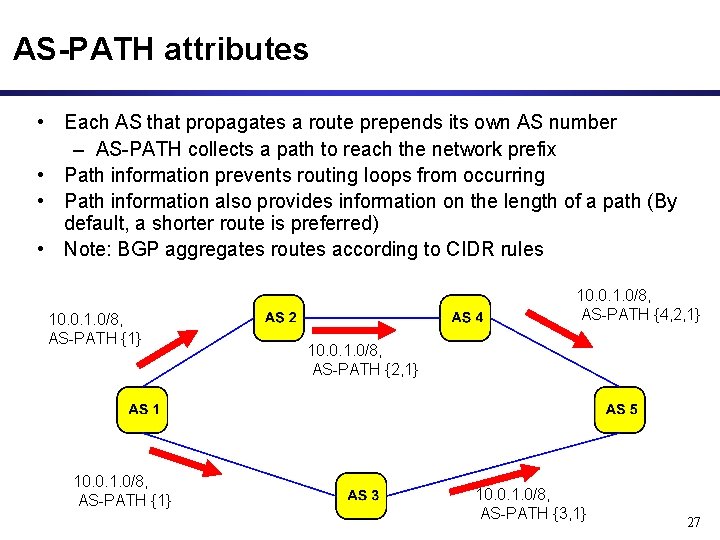 AS-PATH attributes • Each AS that propagates a route prepends its own AS number