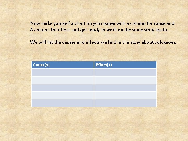 Now make yourself a chart on your paper with a column for cause and