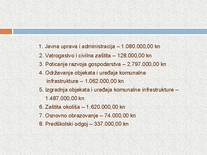 1. Javna uprava i administracija – 1. 080. 000, 00 kn 2. Vatrogastvo i