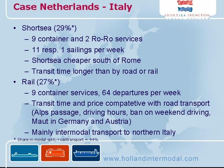 Case Netherlands - Italy • Shortsea (29%*) – 9 container and 2 Ro-Ro services