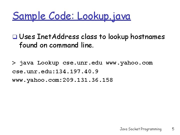 Sample Code: Lookup. java q Uses Inet. Address class to lookup hostnames found on