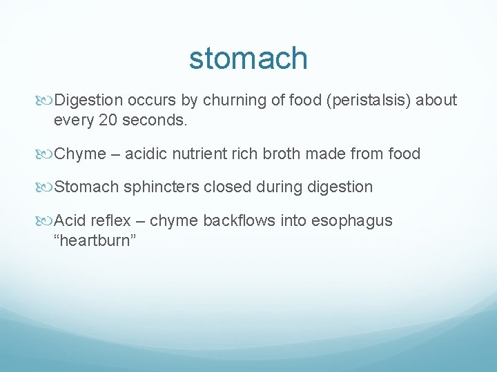 stomach Digestion occurs by churning of food (peristalsis) about every 20 seconds. Chyme –