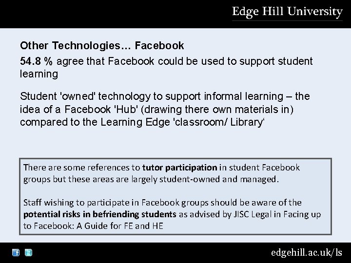 Other Technologies… Facebook 54. 8 % agree that Facebook could be used to support