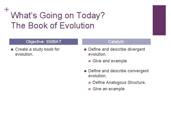 + What’s Going on Today? The Book of Evolution Objective: SWBAT n Create a