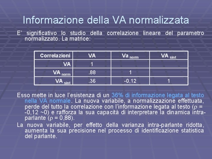 Informazione della VA normalizzata E’ significativo lo studio della correlazione lineare del parametro normalizzato.