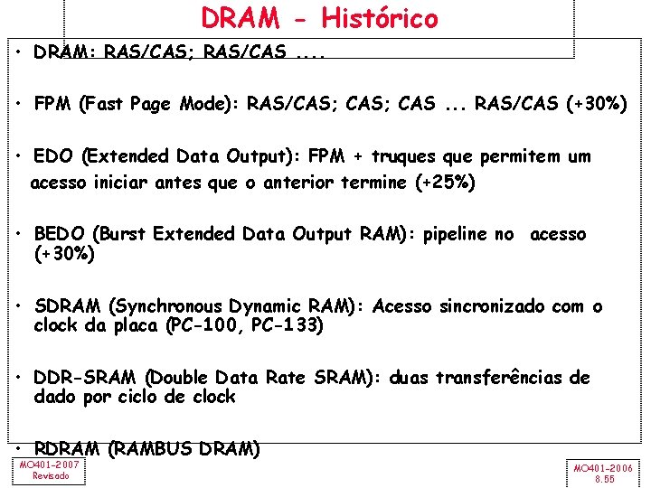 DRAM - Histórico • DRAM: RAS/CAS; RAS/CAS. . • FPM (Fast Page Mode): RAS/CAS;
