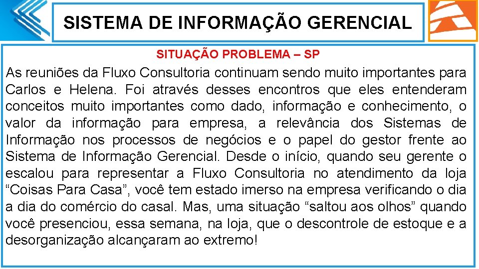 SISTEMA DE INFORMAÇÃO GERENCIAL SITUAÇÃO PROBLEMA – SP As reuniões da Fluxo Consultoria continuam