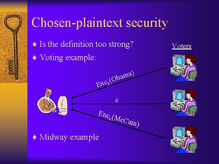 Chosen-plaintext security ¨ Is the definition too strong? ¨ Voting example: ) a m