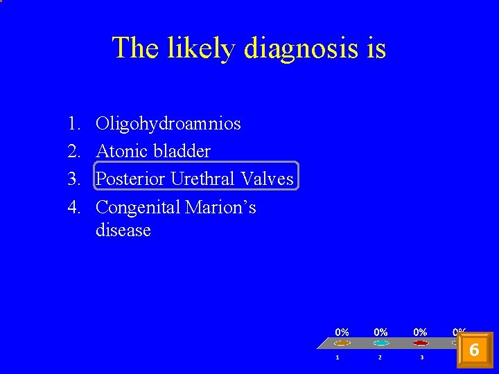 The likely diagnosis is 1. 2. 3. 4. Oligohydroamnios Atonic bladder Posterior Urethral Valves