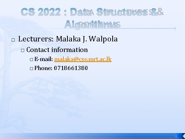 CS 2022 : DATA STRUCTURES & ALGORITHMS � Lecturers: Malaka J. Walpola � Contact