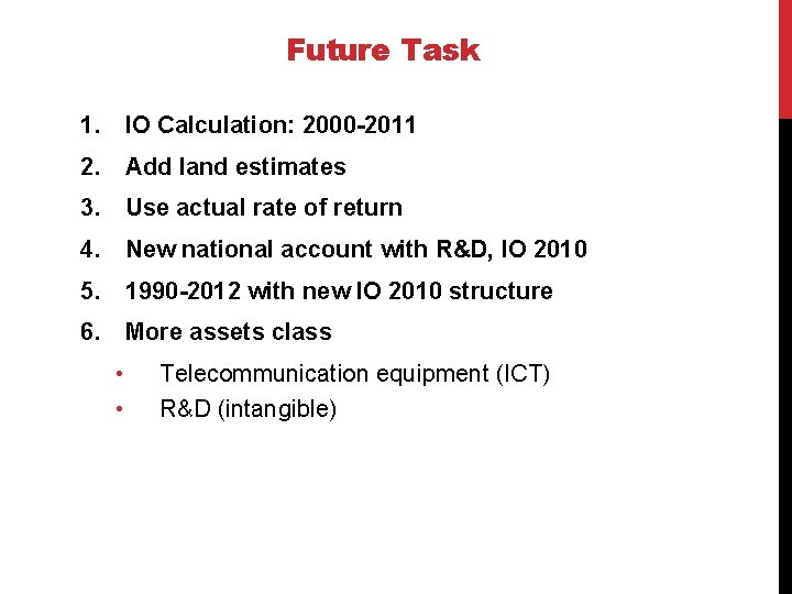 Future Task 1. IO Calculation: 2000 -2011 2. Add land estimates 3. Use actual