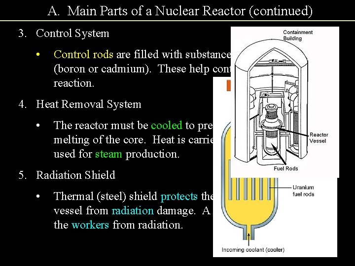 A. Main Parts of a Nuclear Reactor (continued) 3. Control System • Control rods