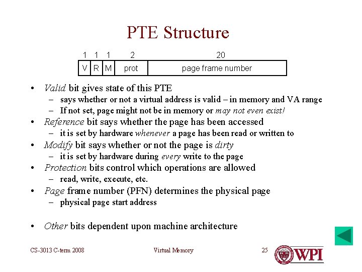 PTE Structure 1 1 1 2 V R M prot 20 page frame number