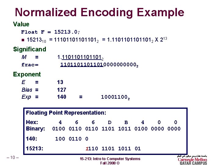 Normalized Encoding Example Value Float F = 15213. 0; n 1521310 = 111011012 =