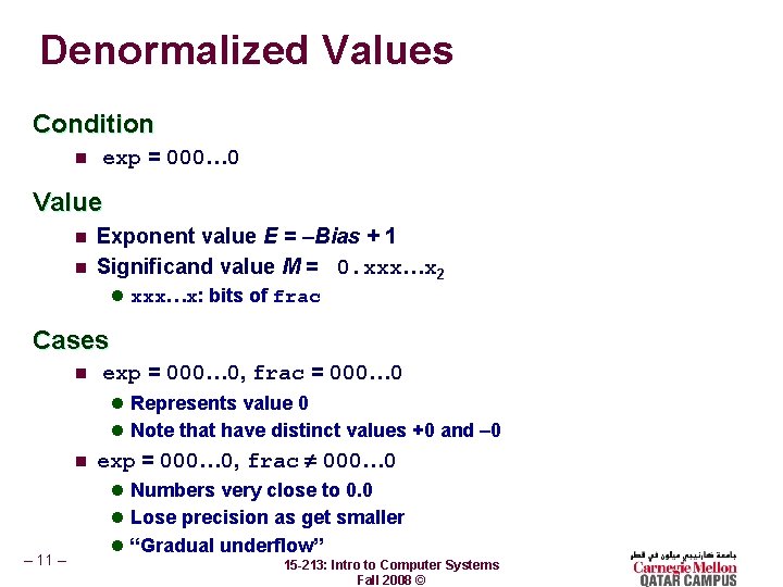 Denormalized Values Condition n exp = 000… 0 Value n n Exponent value E