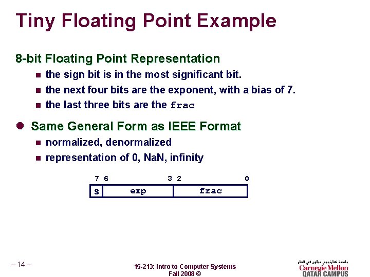 Tiny Floating Point Example 8 -bit Floating Point Representation n the sign bit is