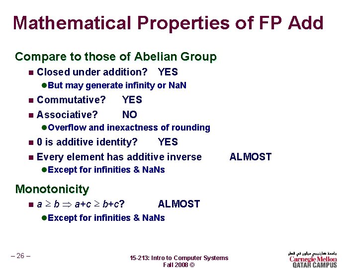 Mathematical Properties of FP Add Compare to those of Abelian Group n Closed under