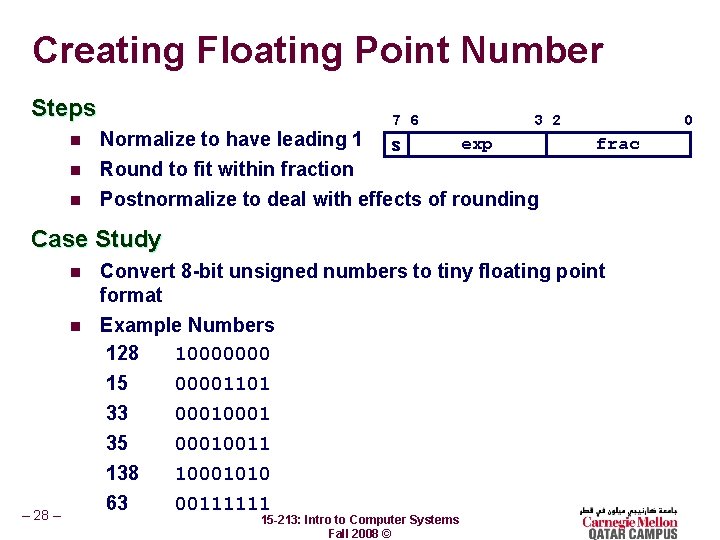 Creating Floating Point Number Steps 7 6 n Normalize to have leading 1 n