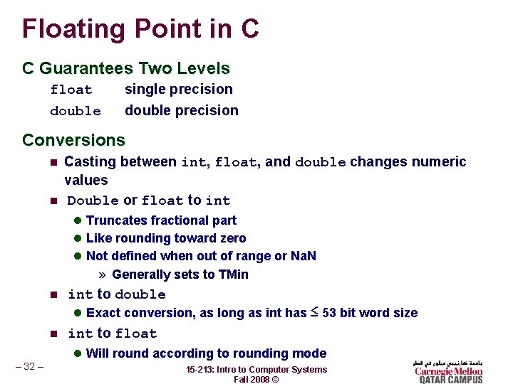 Floating Point in C C Guarantees Two Levels float double single precision double precision