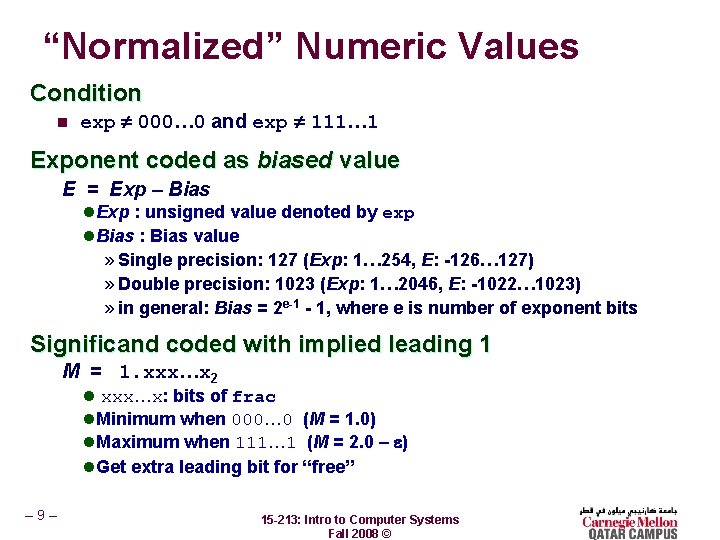 “Normalized” Numeric Values Condition n exp 000… 0 and exp 111… 1 Exponent coded