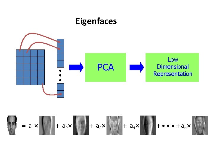 Eigenfaces Low Dimensional Representation PCA = a 1 × + a 2 × +