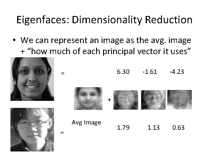 Eigenfaces: Dimensionality Reduction • We can represent an image as the avg. image +