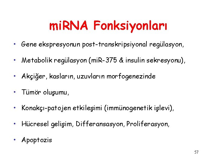 mi. RNA Fonksiyonları • Gene ekspresyonun post-transkripsiyonal regülasyon, • Metabolik regülasyon (mi. R-375 &