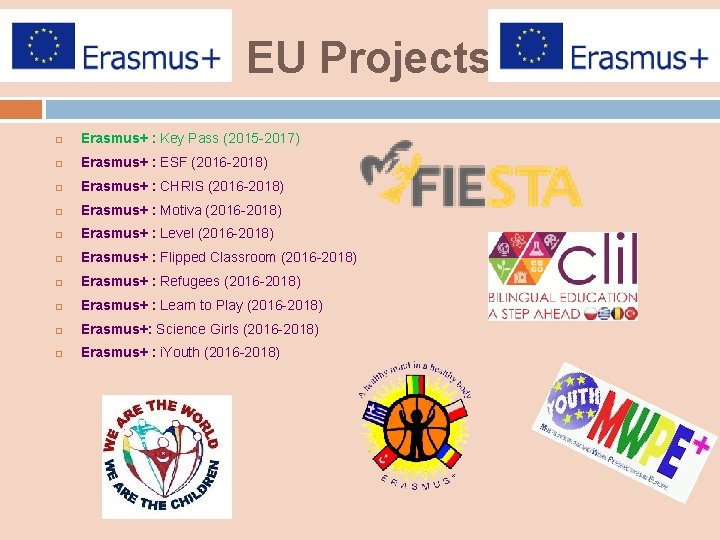 EU Projects Erasmus+ : Key Pass (2015 -2017) Erasmus+ : ESF (2016 -2018) Erasmus+