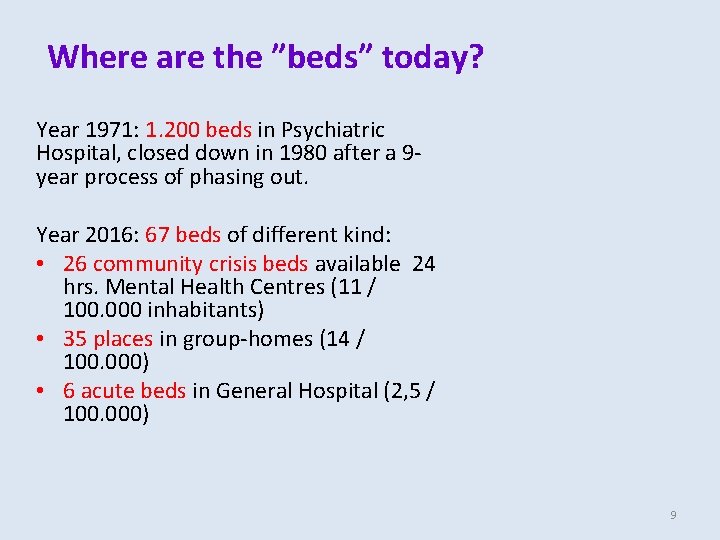 Where are the ”beds” today? Year 1971: 1. 200 beds in Psychiatric Hospital, closed