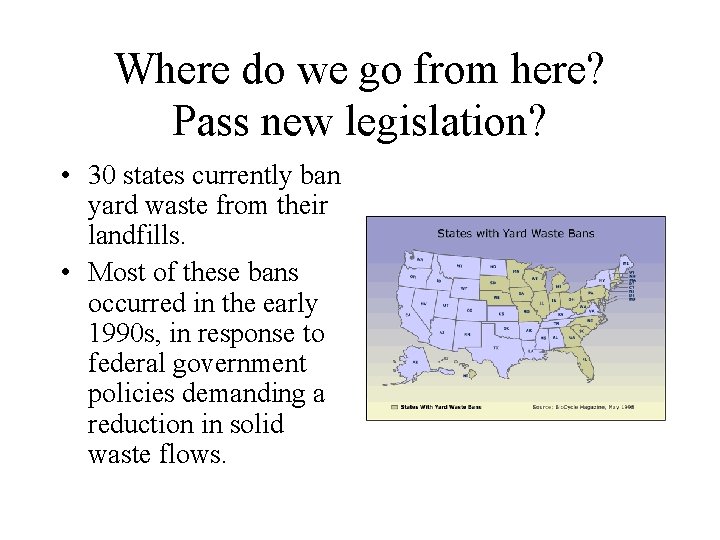 Where do we go from here? Pass new legislation? • 30 states currently ban