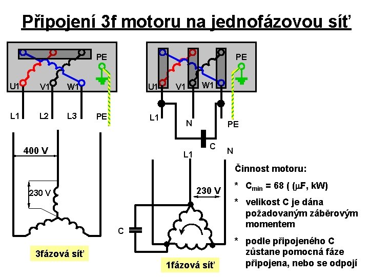 Připojení 3 f motoru na jednofázovou síť PE U 1 V 1 W 1