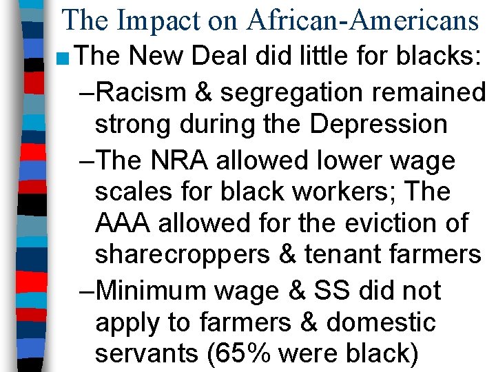 The Impact on African-Americans ■ The New Deal did little for blacks: –Racism &