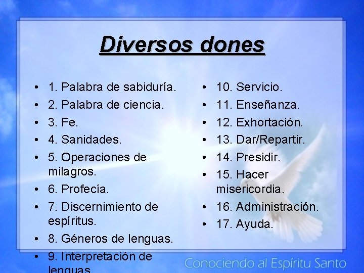 Diversos dones • • • 1. Palabra de sabiduría. 2. Palabra de ciencia. 3.