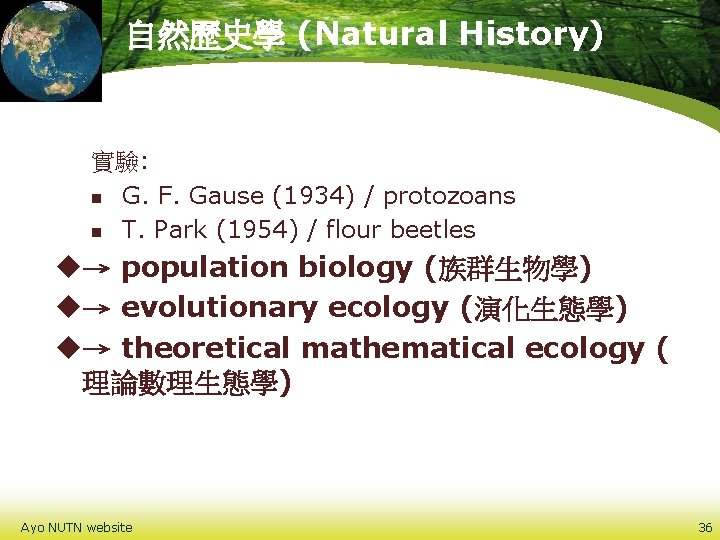 自然歷史學 (Natural History) 實驗: n G. F. Gause (1934) / protozoans n T. Park