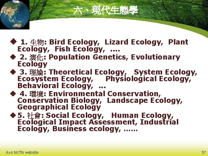 六、現代生態學 u 1. 生物: Bird Ecology, Lizard Ecology, Plant Ecology, Fish Ecology, . .