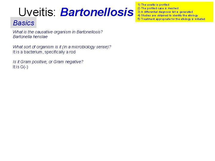 Uveitis: Bartonellosis Basics What is the causative organism in Bartonellosis? Bartonella henslae What sort