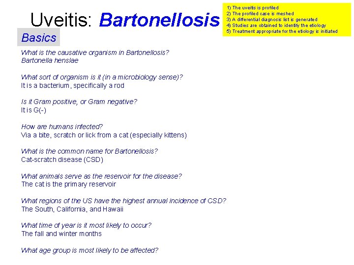 Uveitis: Bartonellosis Basics What is the causative organism in Bartonellosis? Bartonella henslae What sort