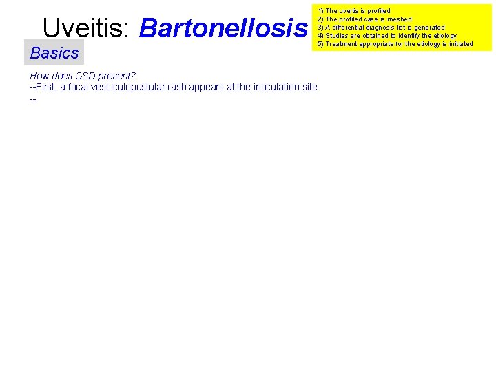 Uveitis: Bartonellosis Basics How does CSD present? --First, a focal vesciculopustular rash appears at