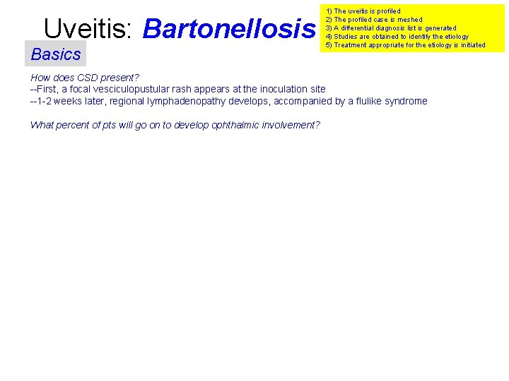 Uveitis: Bartonellosis Basics 1) The uveitis is profiled 2) The profiled case is meshed