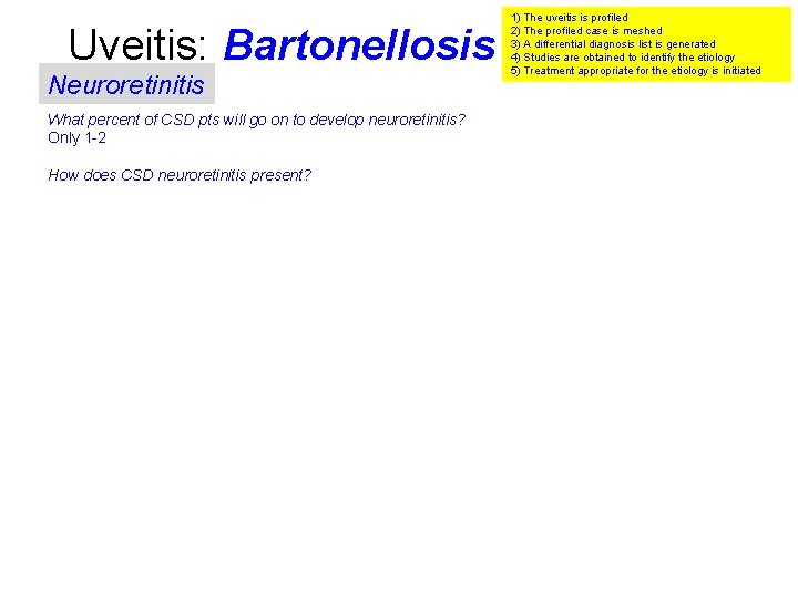 Uveitis: Bartonellosis Neuroretinitis What percent of CSD pts will go on to develop neuroretinitis?