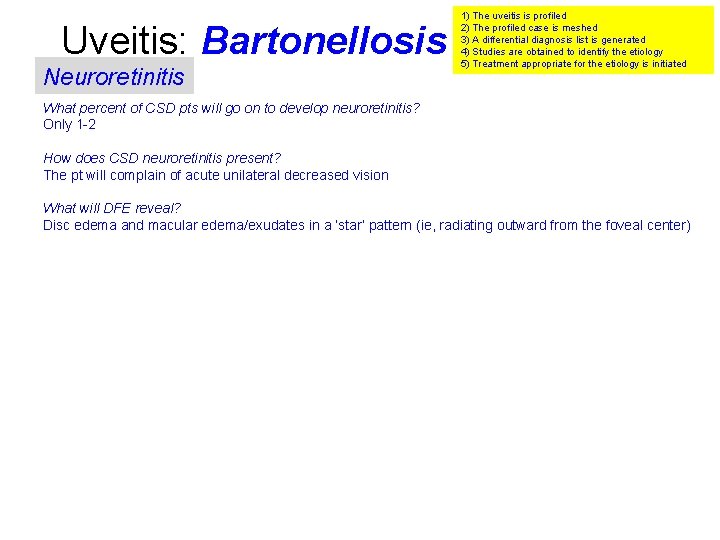 Uveitis: Bartonellosis Neuroretinitis 1) The uveitis is profiled 2) The profiled case is meshed