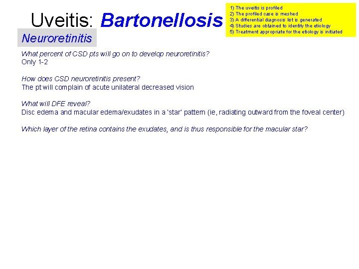 Uveitis: Bartonellosis Neuroretinitis 1) The uveitis is profiled 2) The profiled case is meshed