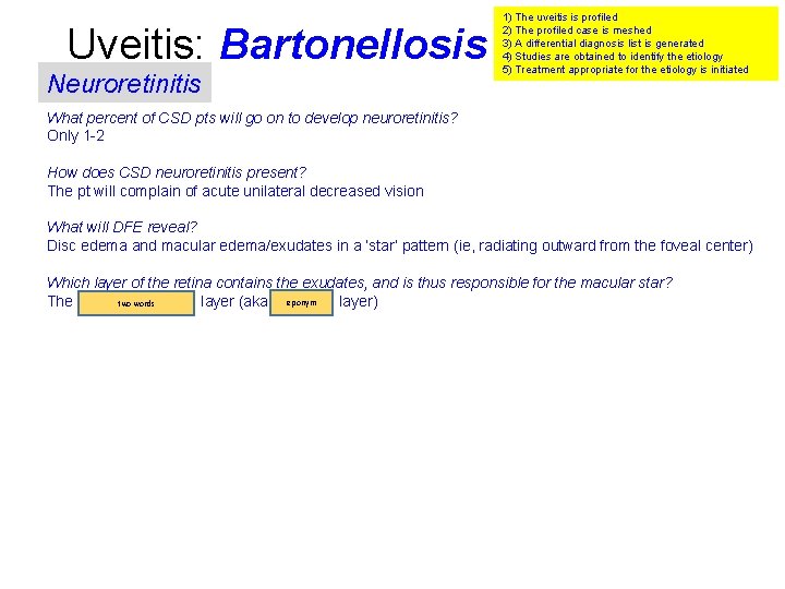 Uveitis: Bartonellosis Neuroretinitis 1) The uveitis is profiled 2) The profiled case is meshed