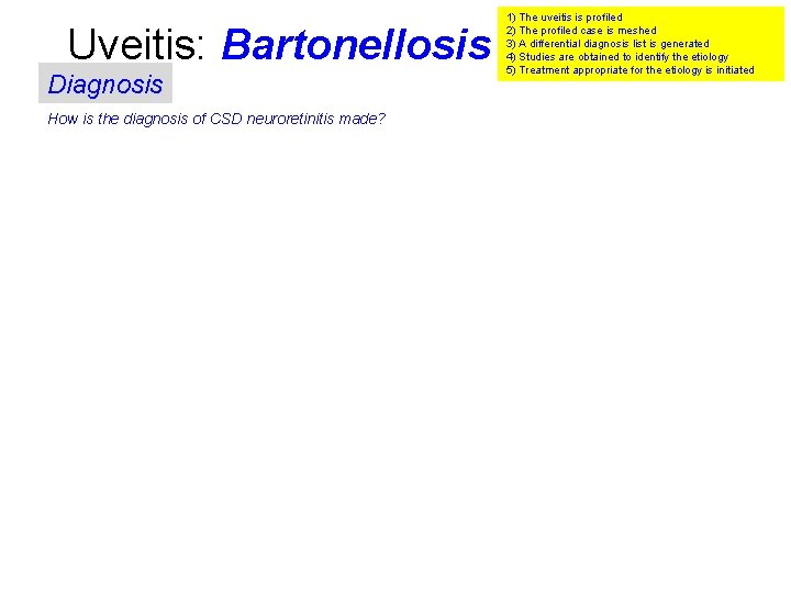 Uveitis: Bartonellosis Diagnosis How is the diagnosis of CSD neuroretinitis made? 1) The uveitis