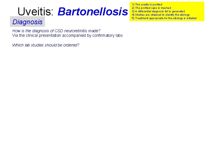 Uveitis: Bartonellosis Diagnosis How is the diagnosis of CSD neuroretinitis made? Via the clinical