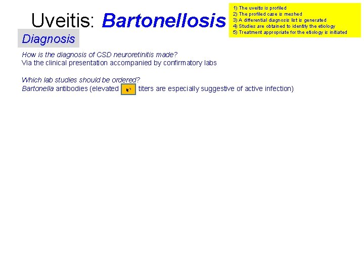 Uveitis: Bartonellosis Diagnosis 1) The uveitis is profiled 2) The profiled case is meshed